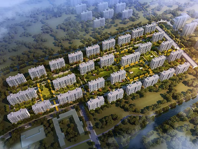 Aerial View Planning of Neatly Arranged Residential Buildings With Green Spaces And Trees 3d model