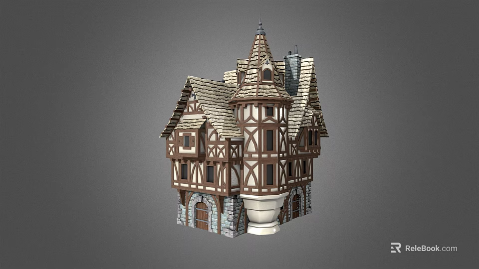 Historic Architecture Design With Pointed Roof Timber Frame Stone Base And Tower Windows 3d model 