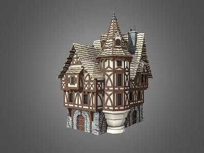 Historic Architecture Design With Pointed Roof Timber Frame Stone Base And Tower Windows 3d model