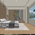 Modern Hotel Guest Room With Wooden Walls White Bedding Gray Throw Large Window Mountain Painting