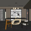 Modern Restaurant Interior With Hanging Pendant Lights Marble Dining Table Chairs And Large Windows