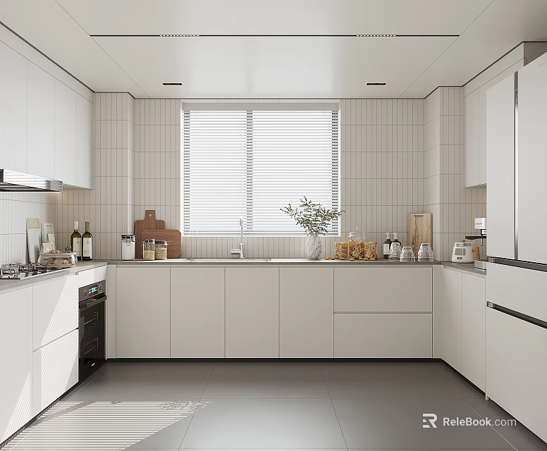 Modern White Kitchen Interior With Cabinets Countertop Windows Sink And Appliances 3d model
