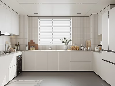 Modern White Kitchen Interior With Cabinets Countertop Windows Sink And Appliances 3d model