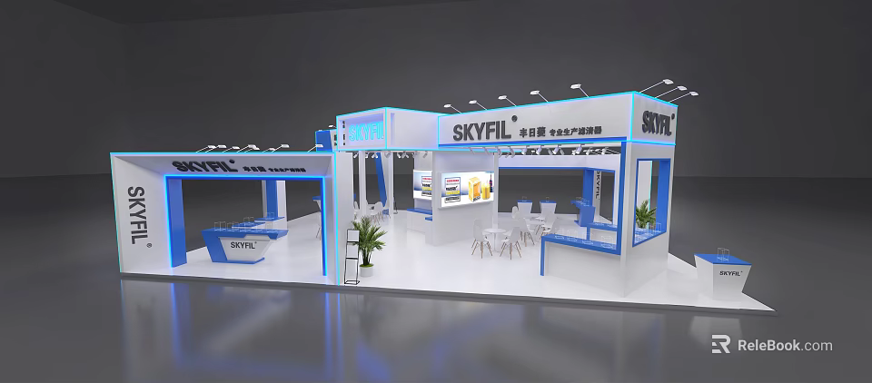SKYFIL Exhibition Booth Design With Modern Counter Tables Chairs And Plants 3d model 