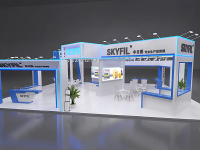 SKYFIL Exhibition Booth Design With Modern Counter Tables Chairs And Plants 3d model