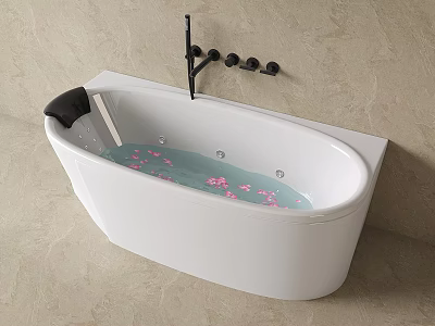 White Oval Shaped Bathtub with Pink Flower Petals Black Pillow and Faucet in Minimalist Bathroom 3d model