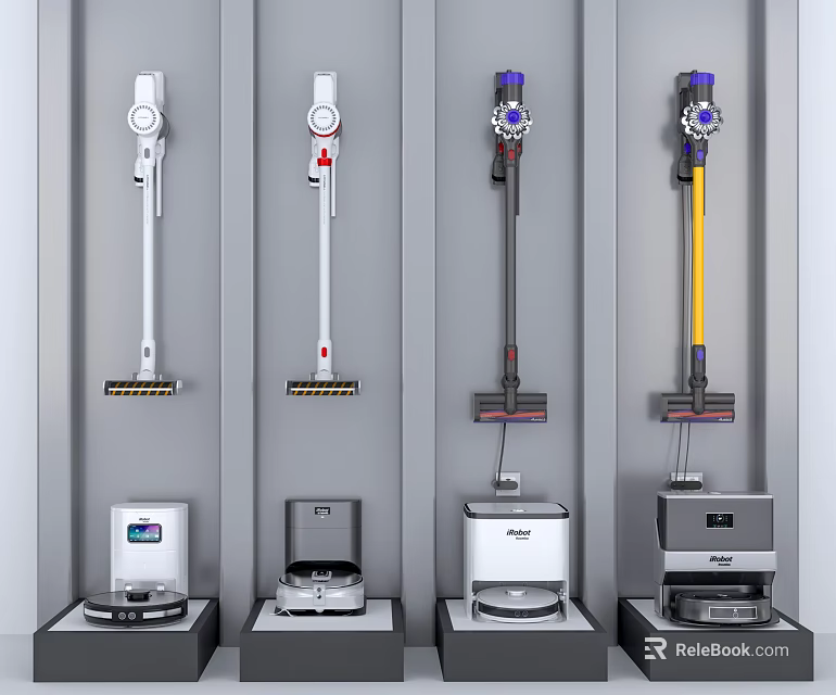 Modern Upright And Robotic Vacuum Cleaners As Home Appliances On 3d model 