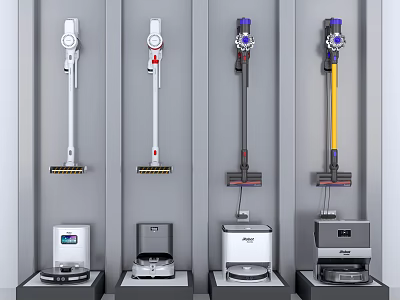 Modern Upright And Robotic Vacuum Cleaners As Home Appliances On 3d model