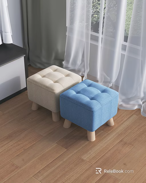 Beige And Blue Tufted Ottoman Stools With Wooden Legs For Living Room Decor 3d model 