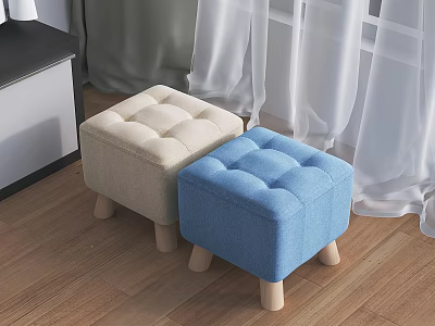 Beige And Blue Tufted Ottoman Stools With Wooden Legs For Living Room Decor 3d model