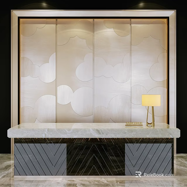 Elegant Modern Table and Chair Set with Marble Countertop Cloud Pattern Wall and Table Lamp 3d model