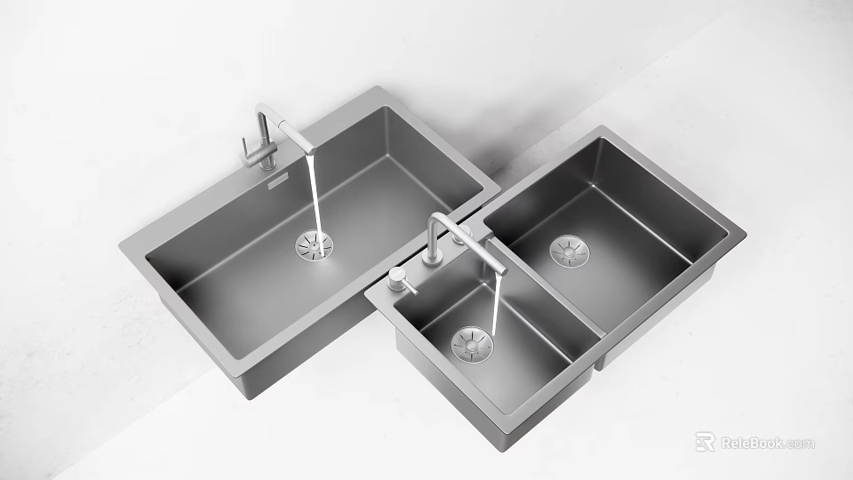 Stainless Steel Double Bowl Kitchen Sink With Sleek Design And Modern Faucet 3d model 