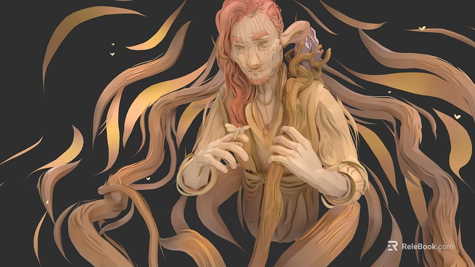Fantasy Game And Movie Character With Elven Ears Pink Hair And Flowing Golden Brown Streamers 3d model 