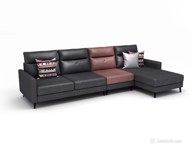 Modern Black Sectional Sofa With Brown Accents And Patterned Throw Pillows 3d model