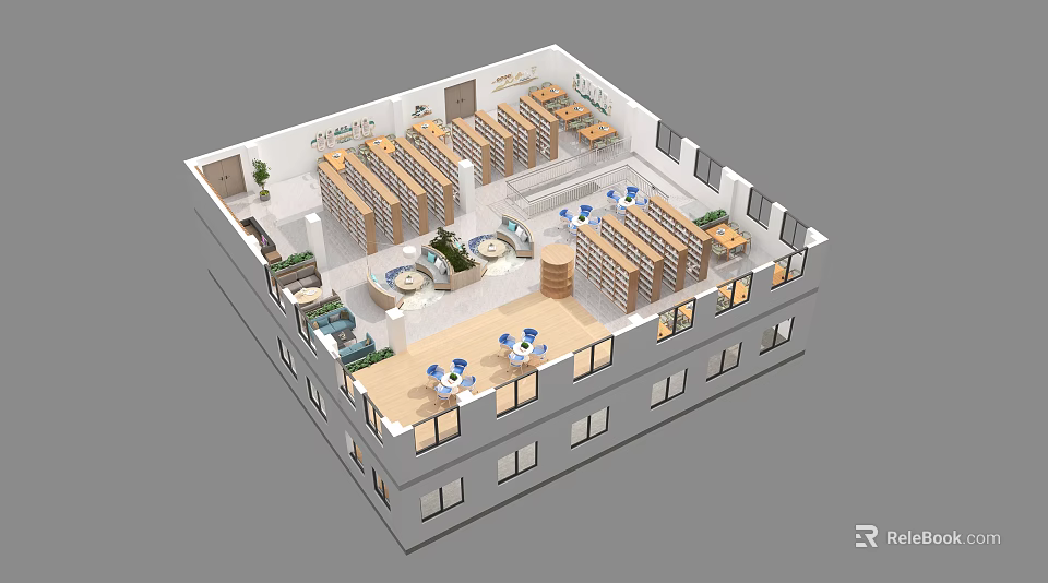 Aerial View of Modern Cafe Interior with Tables Chairs Shelves Circular Center Windows and Plants 3d model 