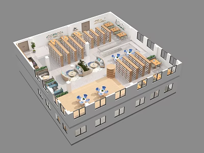 Aerial View of Modern Cafe Interior with Tables Chairs Shelves Circular Center Windows and Plants 3d model