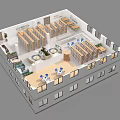 Aerial View of Modern Cafe Interior with Tables Chairs Shelves Circular Center Windows and Plants