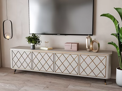 Elegant TV Stand With Diamond Pattern Gold Legs Green Plant And Decorative Items 3d model