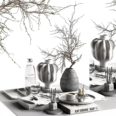 Minimalist Decorative Ornament Set With Ceramic Vases Dried Branches And Scented Sticks 3d model