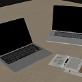 Two Laptops On Wooden Desk With Apple Logo Digital Clock And Notebook Pen