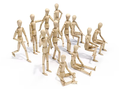 Collection of Wooden Humanoid Dolls in Various Poses Standing and Sitting 3d model