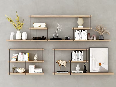 Contemporary Wall Shelves with Wooden And Black Metal Frames Holding Books Decorative Vases and Sculptures 3d model