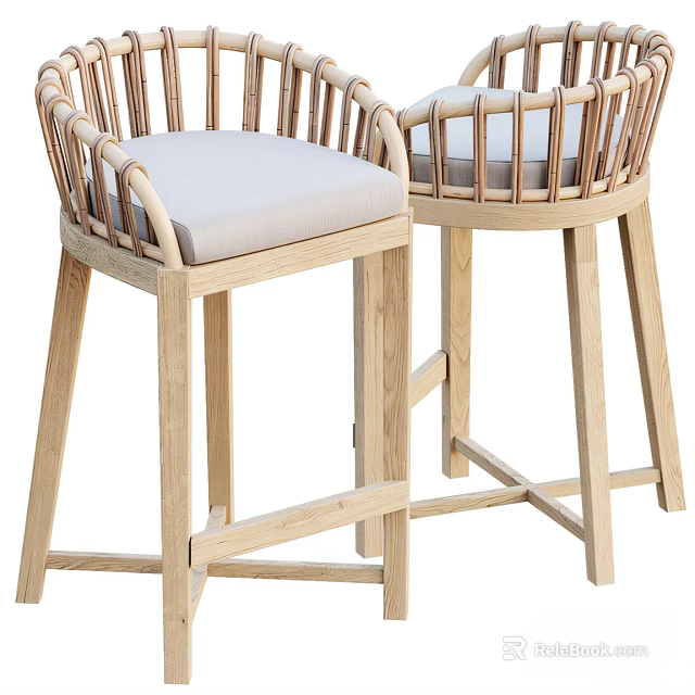 Natural Style Wooden Bar Stools With Woven Backrest And Light Gray Padded Seat 3d model 
