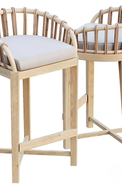 Natural Style Wooden Bar Stools With Woven Backrest And Light Gray Padded Seat 3d model