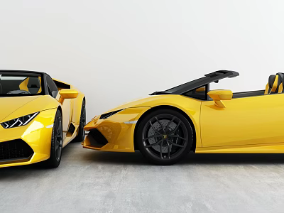 Two Yellow Convertible Sports Cars Parked Side By Side With Sleek Design And Black Wheels 3d model