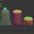 Three Burlap Sacks With Colorful Food Items Inside On Dark Background