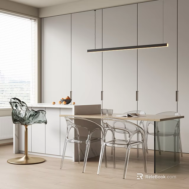 Modern Bar Counter Interior With Transparent Chairs And Hanging Linear Pendant Lights 3d model 