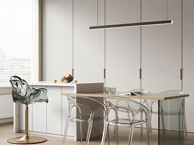 Modern Bar Counter Interior With Transparent Chairs And Hanging Linear Pendant Lights 3d model