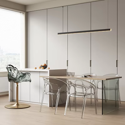 Modern Bar Counter Interior With Transparent Chairs And Hanging Linear Pendant Lights 3d model
