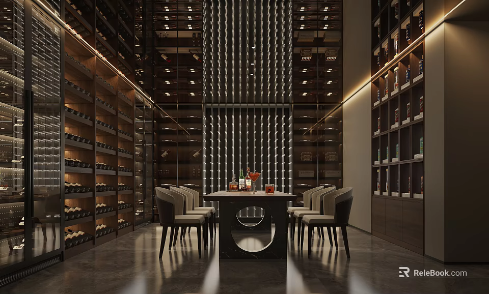 Modern Wine Cellar Interior With Wooden Racks Wine Bottles Dining Table And Chairs 3d model 