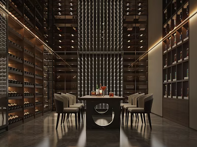 Modern Wine Cellar Interior With Wooden Racks Wine Bottles Dining Table And Chairs 3d model