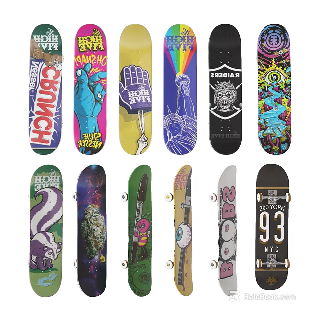 Assorted Colorful Skateboards With Diverse Graphic Designs For Sports Activities 3d model 