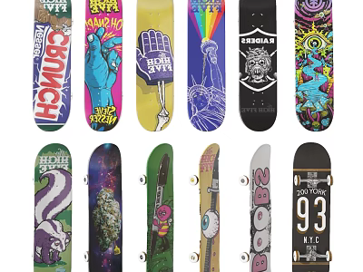 Assorted Colorful Skateboards With Diverse Graphic Designs For Sports Activities 3d model