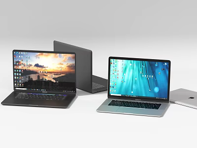 Modern Open Laptops With Scenic And Digital Screens In Different Colors 3d model