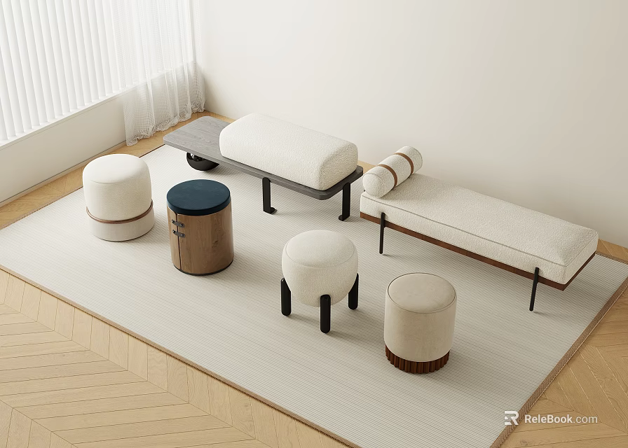 Modern Interior Design With White Stools Wooden Bench And Carpeted Floor 3d model 