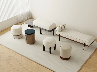 Modern Interior Design With White Stools Wooden Bench And Carpeted Floor 3d model