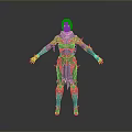 Woman In Green And Dark Armored Outfit With Shoulder Guards And Outstretched Arms