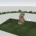 Modern Observation Deck With Stacked Brown Cubes White Support Columns Green Grassland And Blue Sky