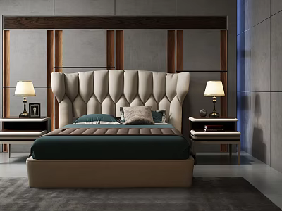 Modern Double Bed with Beige Upholstered Headboard and Gray Brown Wooden Panel Background 3d model
