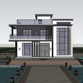 Modern Detached Villa Exterior With Large Windows Glass Balcony And Poolside Lanterns