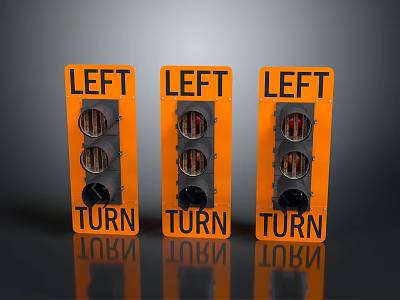 Three Orange Left Turn Traffic Signs With Bold Lettering And Reflective Surfaces 3d model