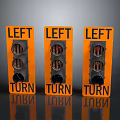 Three Orange Left Turn Traffic Signs With Bold Lettering And Reflective Surfaces