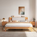 Double Bed With Striped Headboard LED Lights Bedside Tables And Wooden Floor