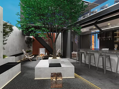 Modern Café Outdoor Courtyard With Large Tree Relaxing Seating And Bar Counter 3d model
