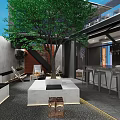 Modern Café Outdoor Courtyard With Large Tree Relaxing Seating And Bar Counter