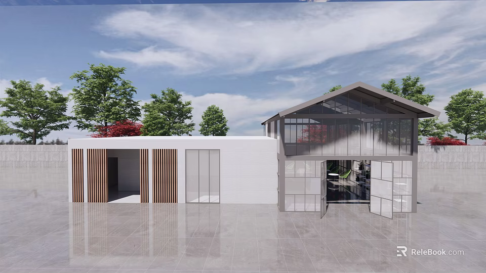 Modern Building Exterior With White Walls Glass Windows Wooden Elements And Trees Under Cloudy Sky 3d model 